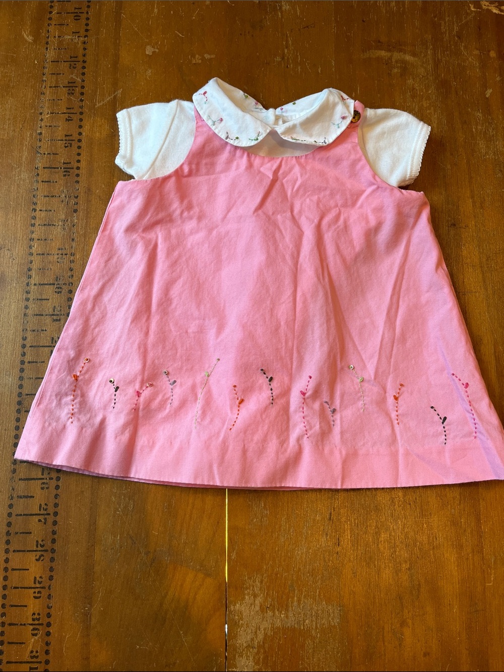 Set/2 BONPOINT Brode Main 6M Pink Embroidered Shift Dress & Bodysuit